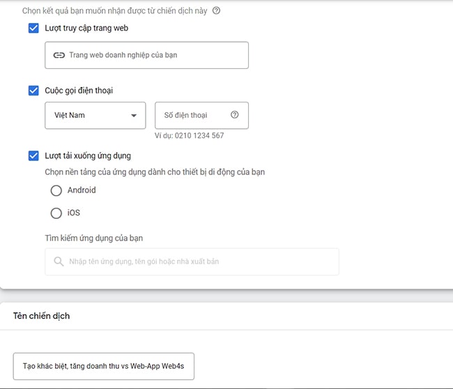 Lựa chọn kết quả chiến dịch & đặt tên chiến dịch